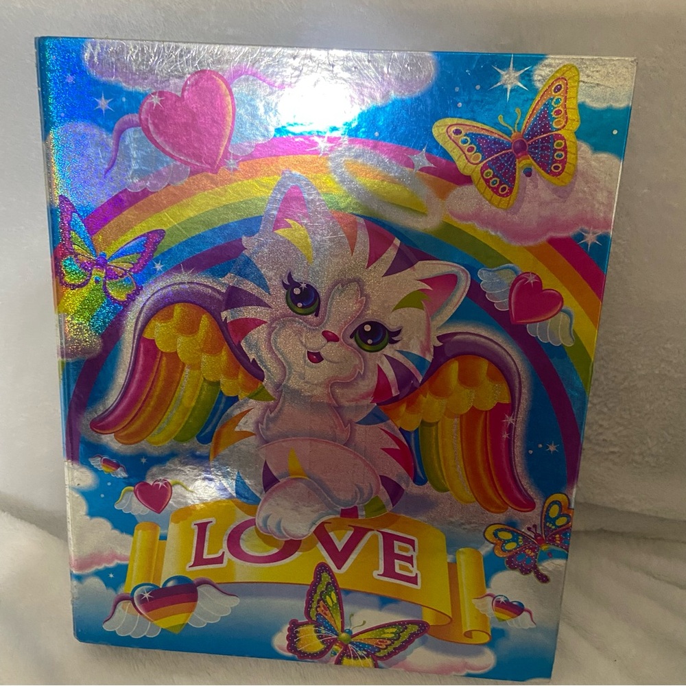 Vintage Lisa Frank "Love" Three Ring Binder Shimmery Cover - Angel Kitten HTF!